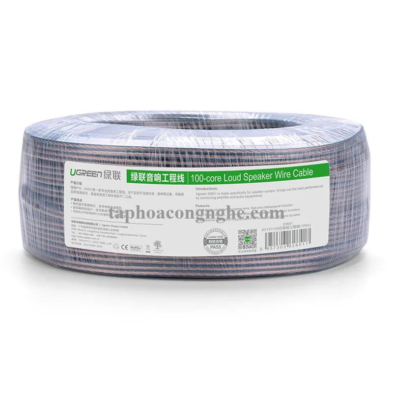 Ugreen 20851 100M Màu Đen Cáp âm thanh loa 100 tim AV137 30020851